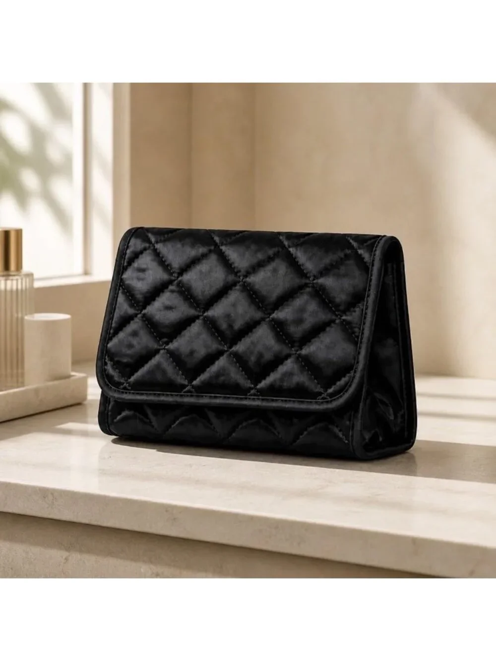 Quilted Satin Black Travel Makeup Bag with Mirror | Stylish Cosmetic Clutch